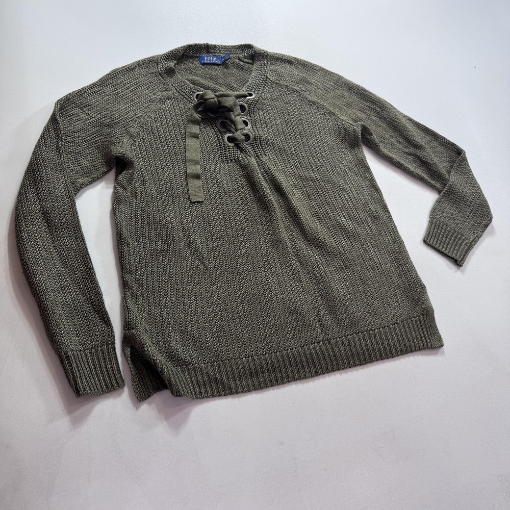 Polo Ralph Lauren Sweater Womens Medium Green Linen Lace Up Pullover Knit